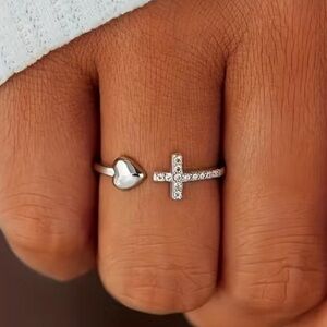 3/$25 Rhinestone Cross and Heart One Size Open Ring Silver Tone